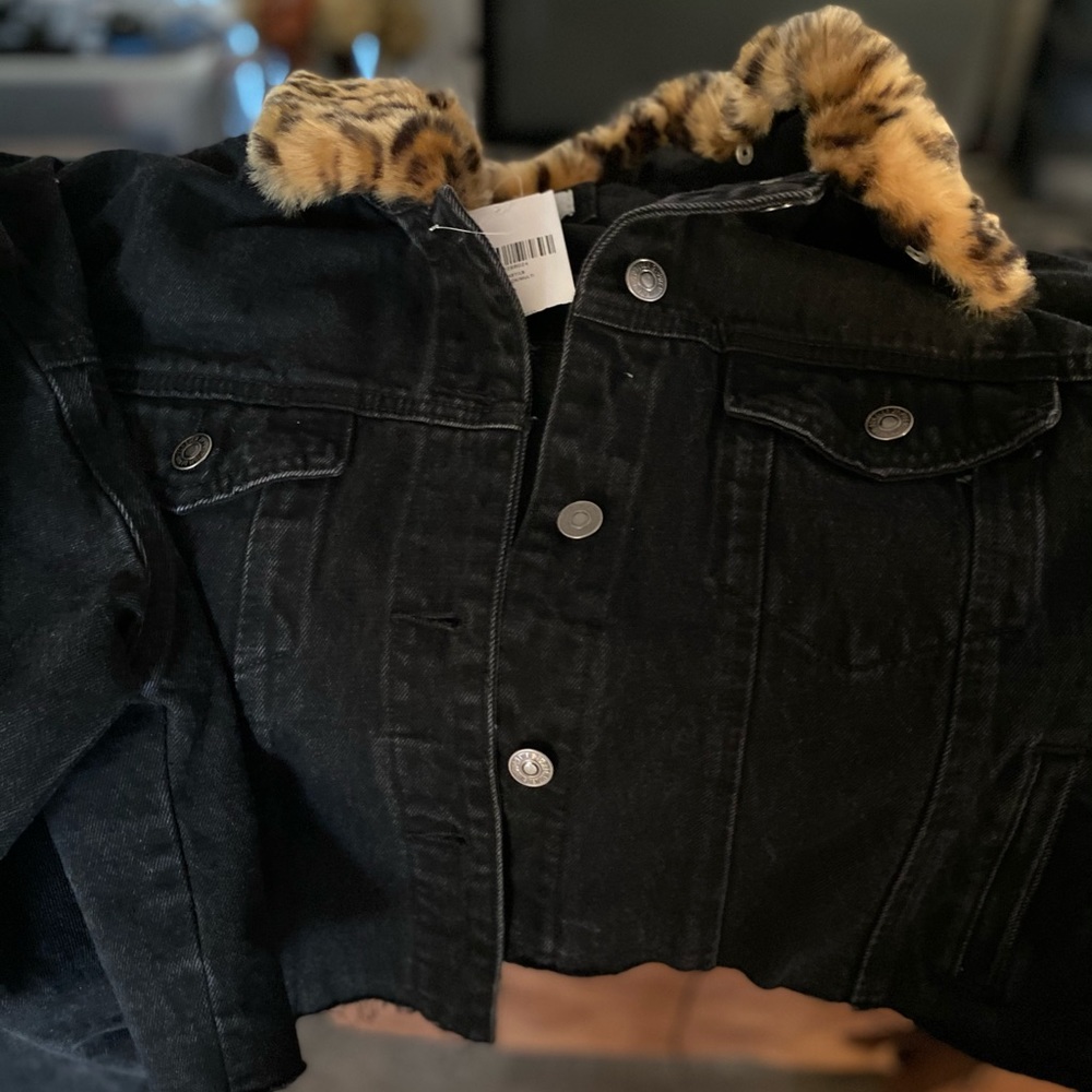 Black denim jacket with removable faux collar